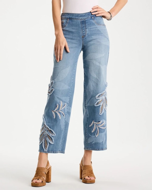 Tropical Embroidery Pull-On Wide Crop Jean - image 1